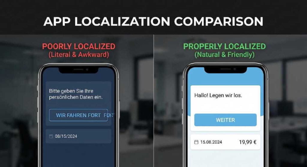 App localization comparison: poor translation overflow vs properly localized button and UI