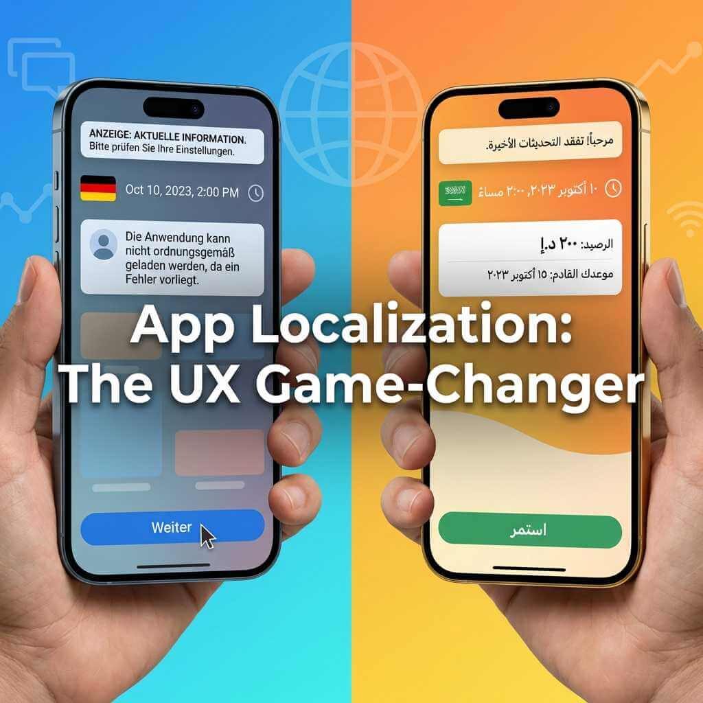 Hero image: App localization split-screen — poor translation vs perfect localized phone app experience