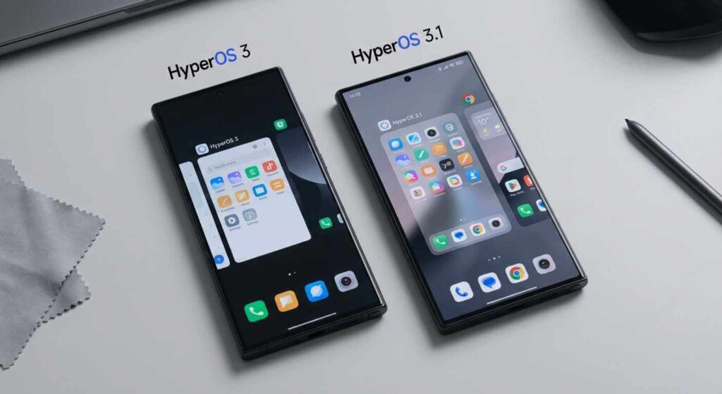 HyperOS 3 vs HyperOS 3.1 UI comparison on Xiaomi smartphones showing smoother interface improvements