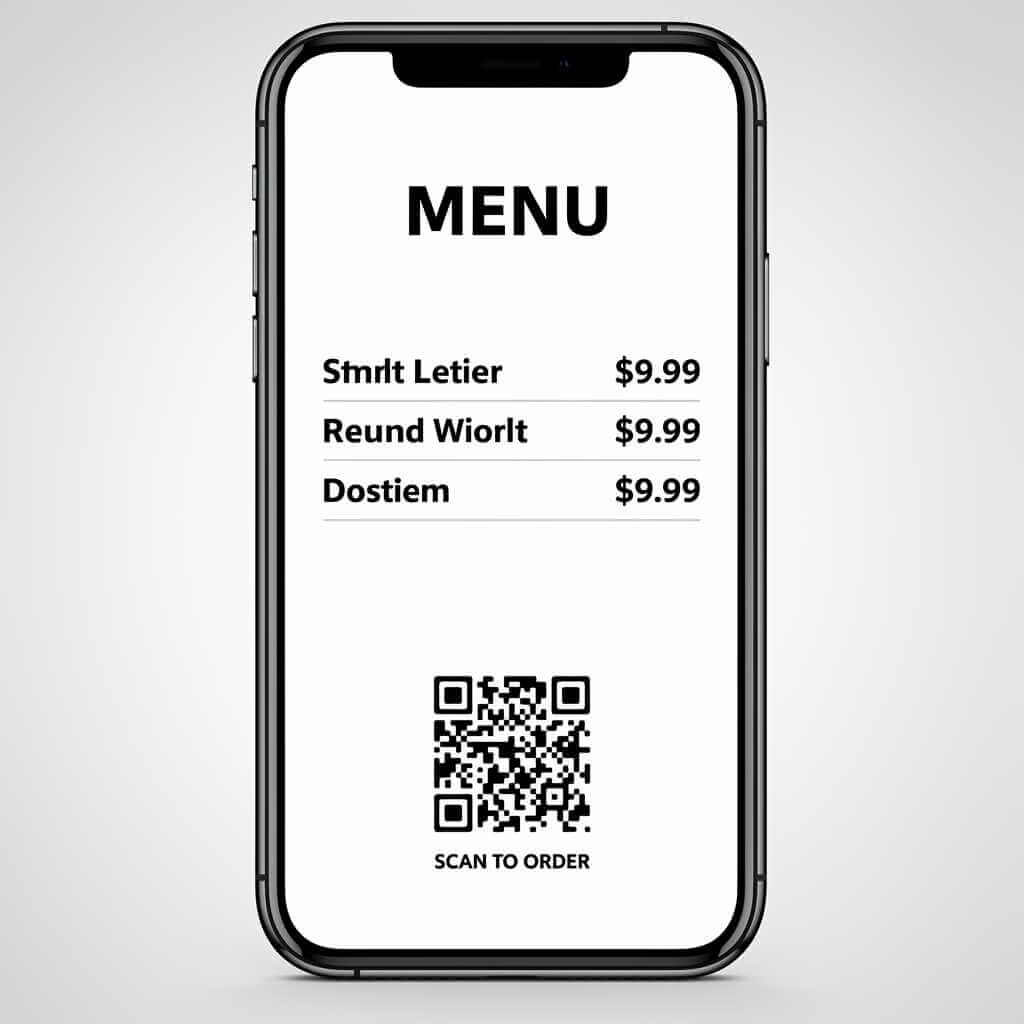 old Android phone signage displaying simple menu and QR code