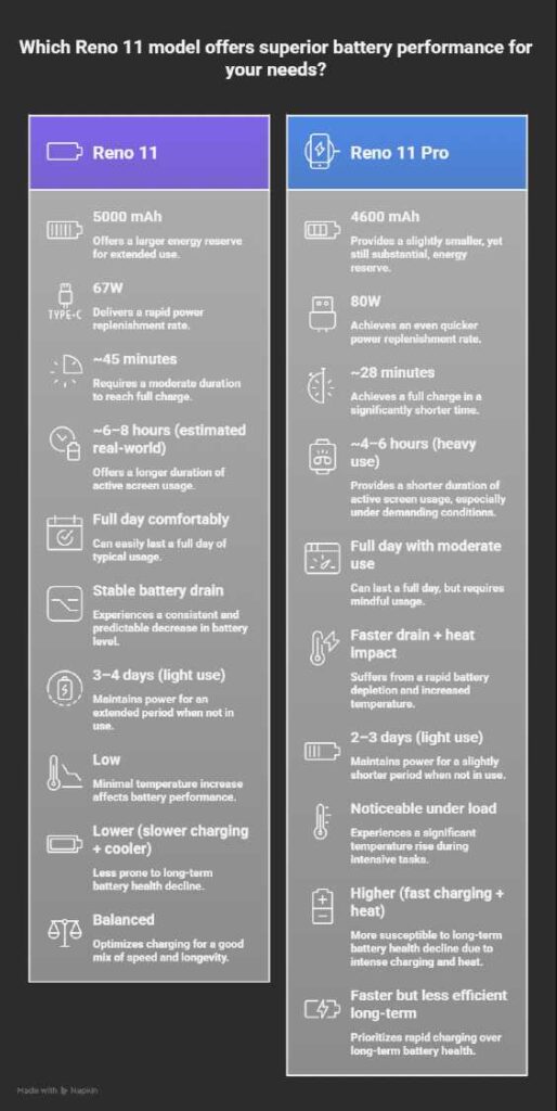 Reno 11 vs Reno 11 Pro battery performance comparison showing capacity, charging speed, screen-on time, and endurance differences