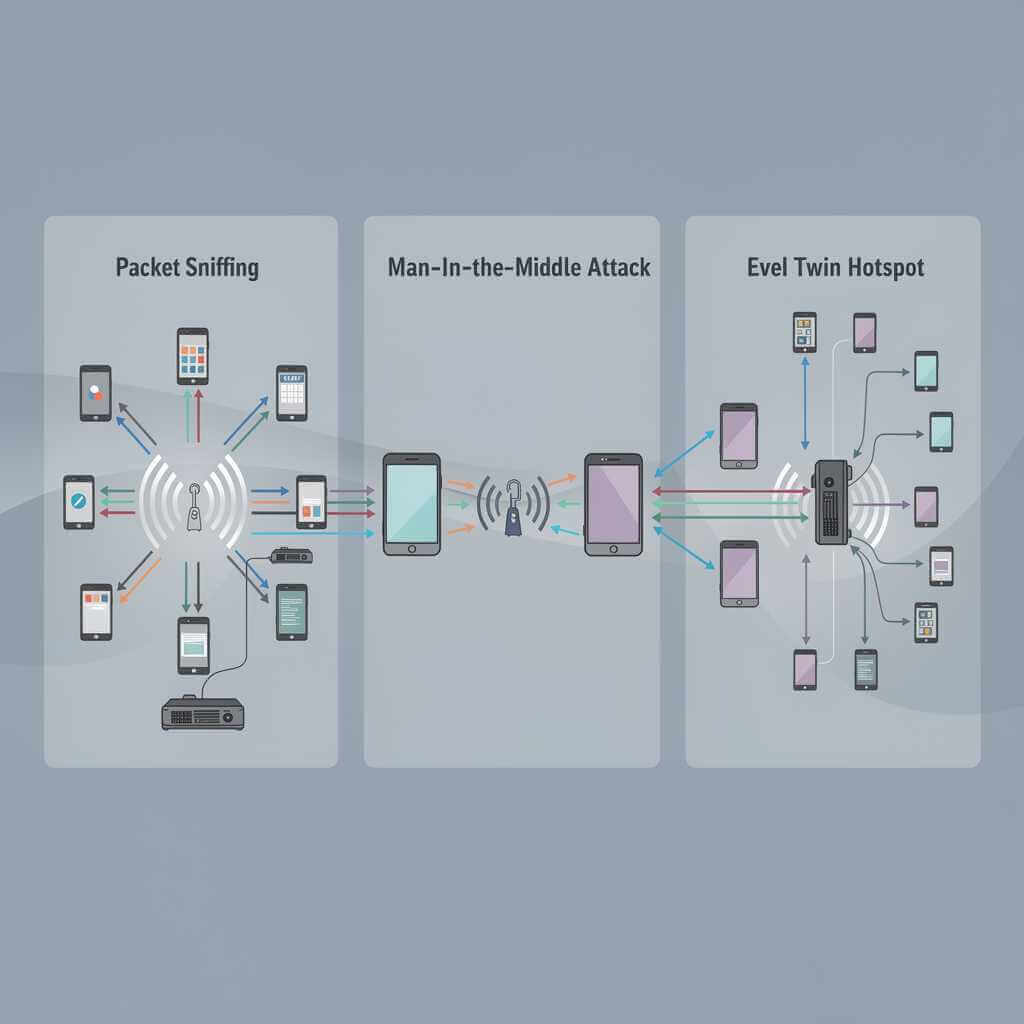 Diagram showing packet sniffing, man-in-the-middle attack, and evil twin hotspot on public Wi‑Fi.