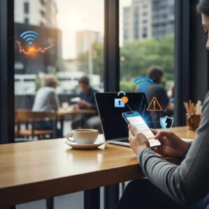 Smartphone user on public Wi‑Fi in a cafe with a subtle security warning overlay.