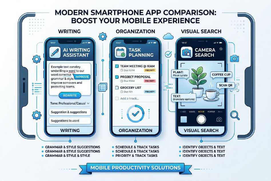 Comparison graphic showing AI writing, note planning, and camera search app styles for smartphone users.