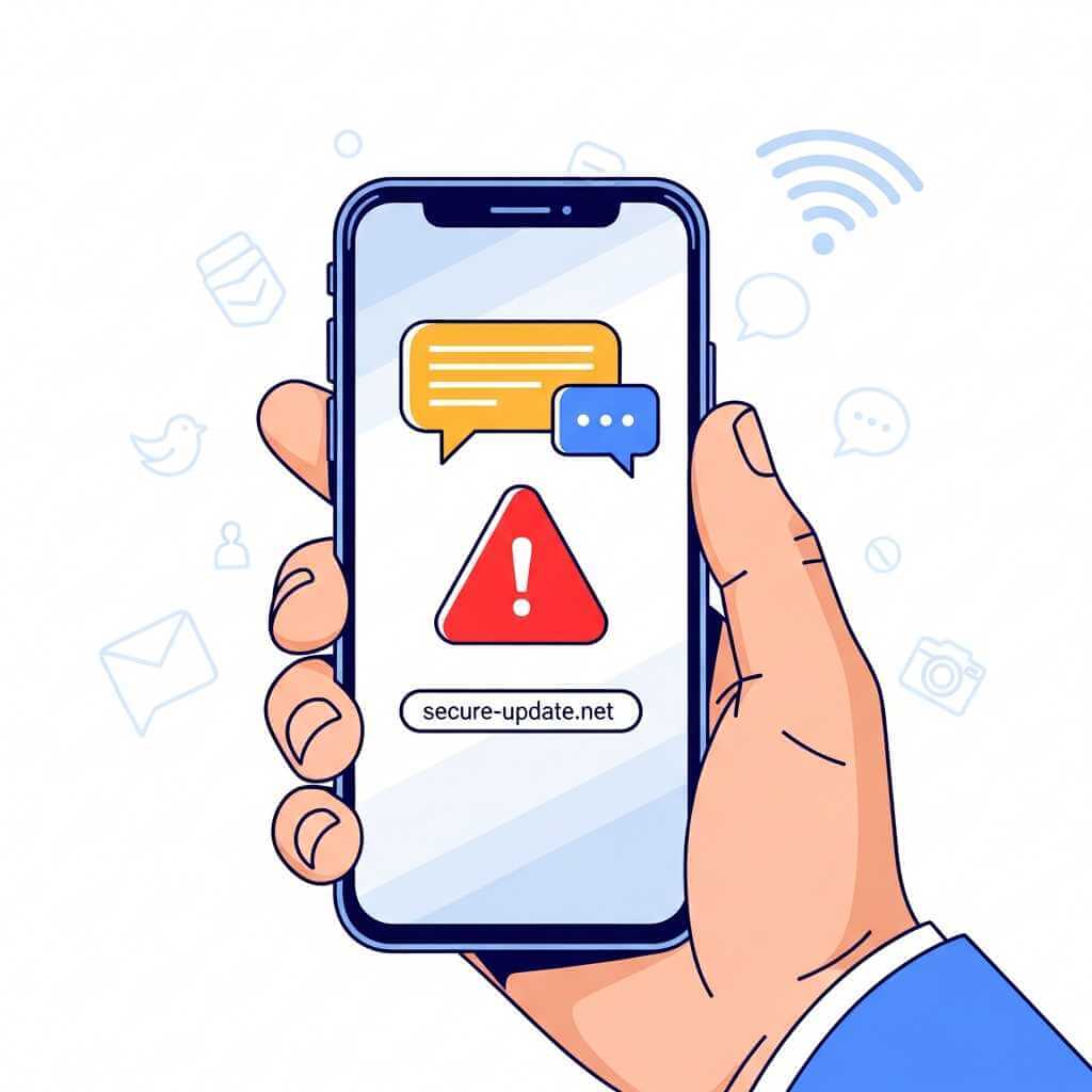 Smartphone phishing warning illustration with suspicious link, warning icon, and app symbols.