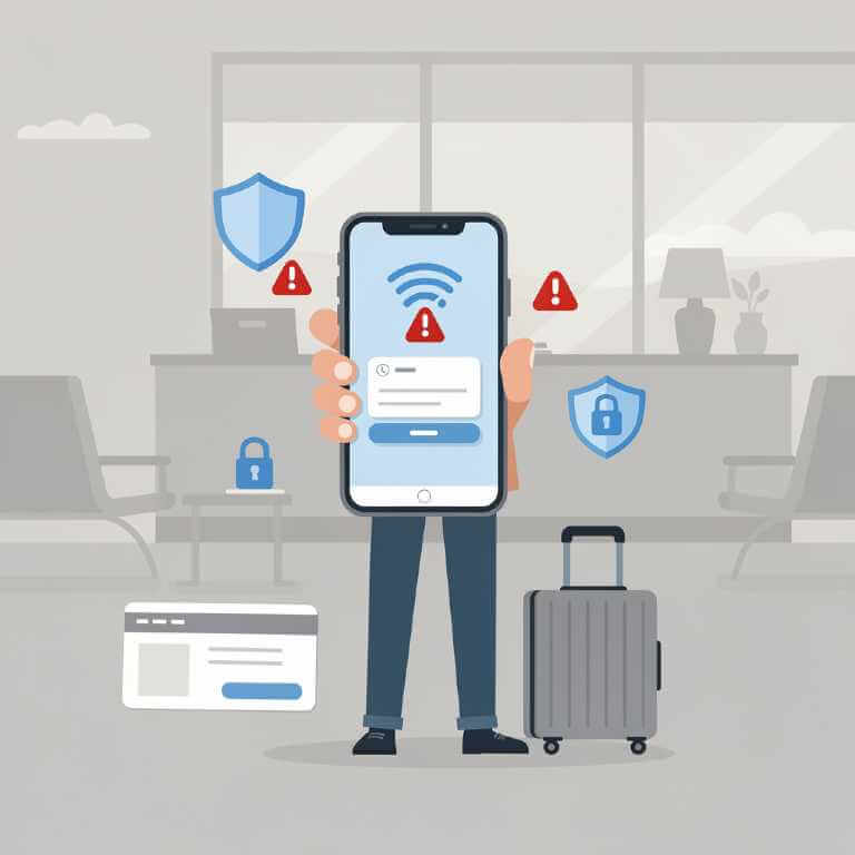 Traveler smartphone illustration showing a fake Wi‑Fi warning and a suspicious login screen.
