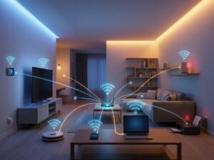 Illustration of a smart home with multiple connected devices linked to a central router, representing network congestion and IoT security risks