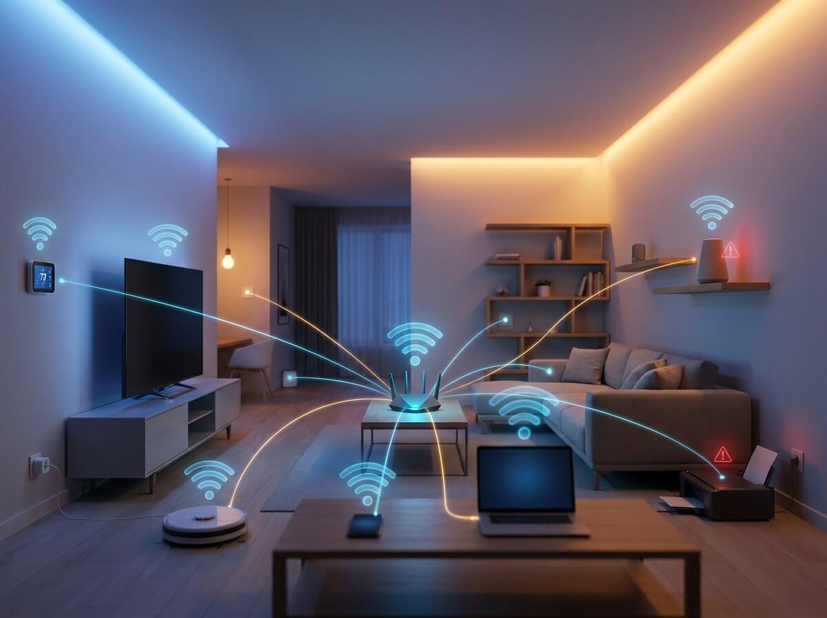Illustration of a smart home with multiple connected devices linked to a central router, representing network congestion and IoT security risks