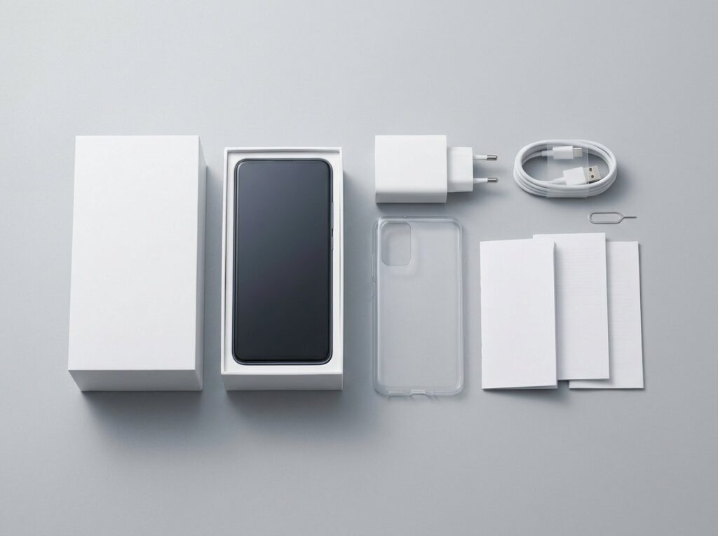 vivo V70 FE box with charger, USB cable, transparent case, and SIM tool