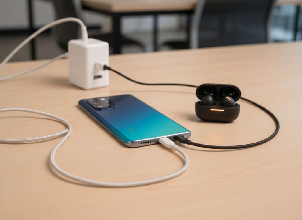 Redmi Note 17 Pro Max charging through USB-C while powering wireless earbuds with wired reverse charging