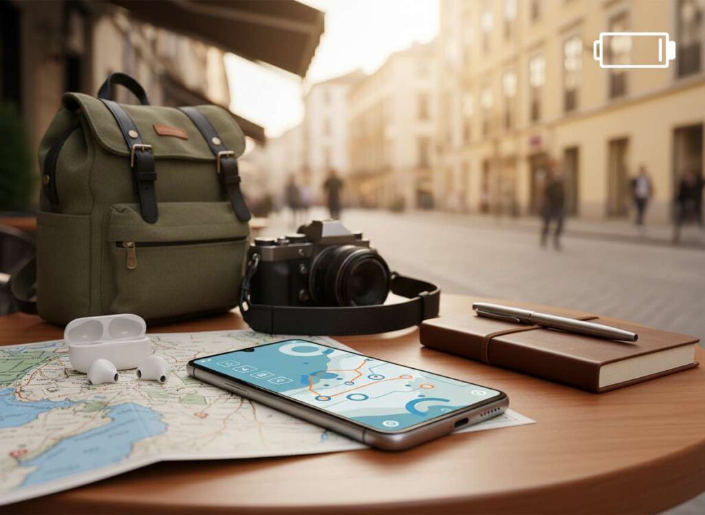 Redmi Note 17 Pro Max during a full day out with maps, earbuds, photos, and travel essentials