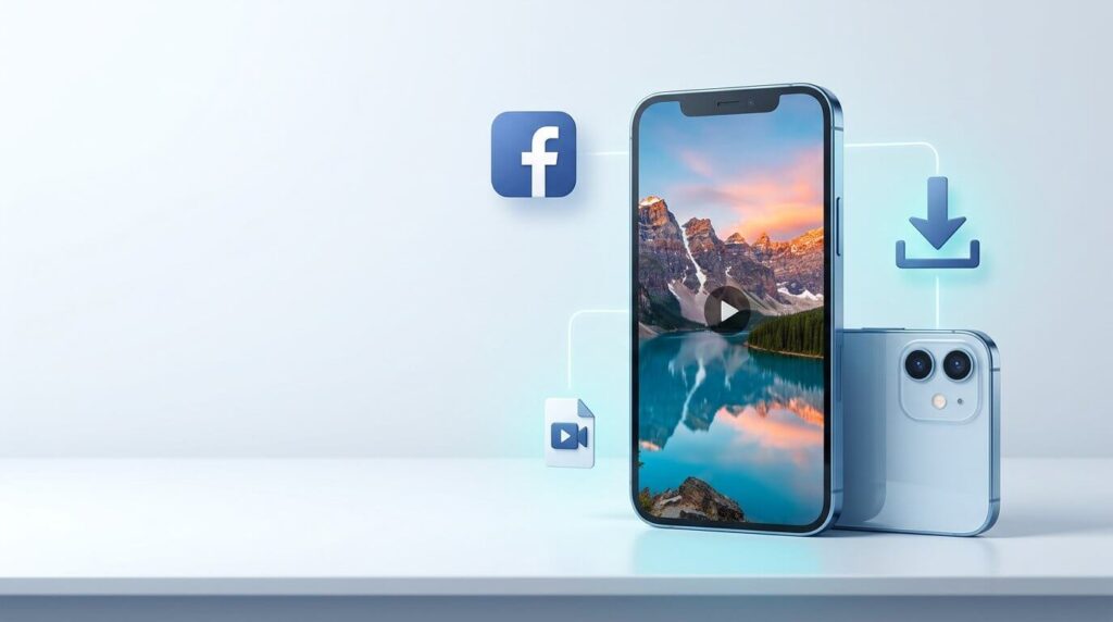 Two smartphones displaying a vertical video beside a Facebook icon and download arrow.