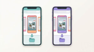 Two phones illustrating browser-based Instagram Story downloads.