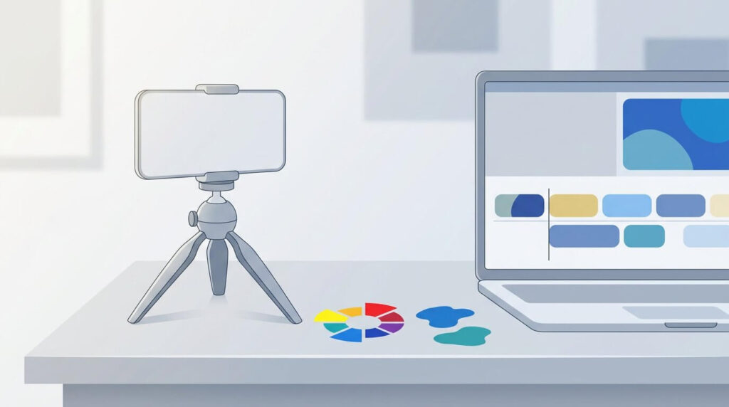 Illustration of a smartphone on a tripod beside a laptop with a video-editing timeline