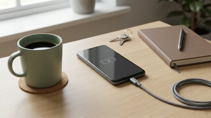 Smartphone connected to a USB-C cable beside keys and a notebook