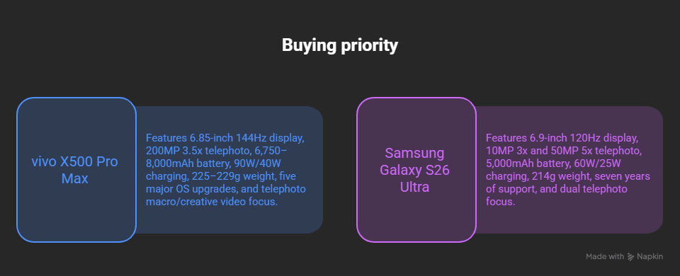 Buying-priority infographic comparing vivo X500 Pro Max and Samsung Galaxy S26 Ultra displays, cameras, batteries, charging, weight, and software support.