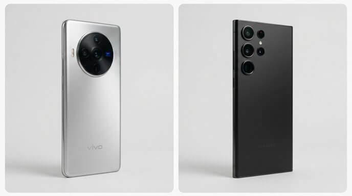 Side-by-side editorial illustration of vivo X500 Pro Max and Samsung Galaxy S26 Ultra rear designs